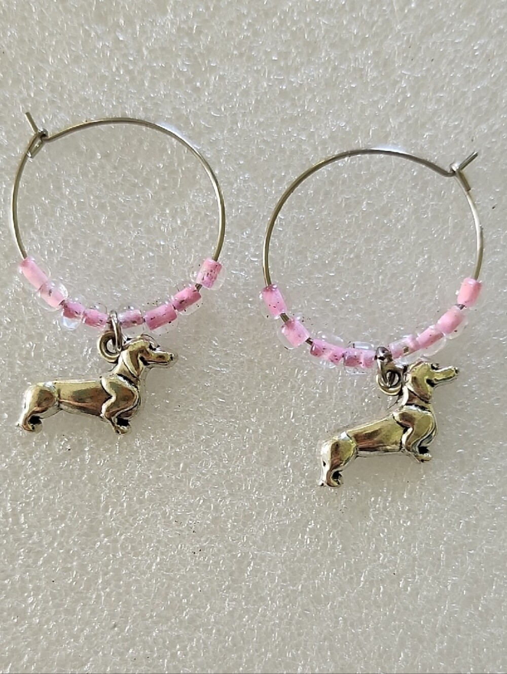 Hand Crafted Pink Beaded Hoop Earrings with Dachshund Charms